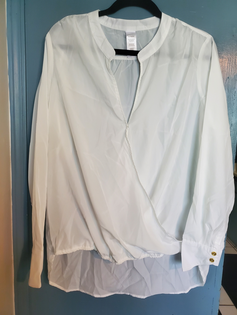 Lightweight White Surplice Blouse with Gold-Button Cuffs